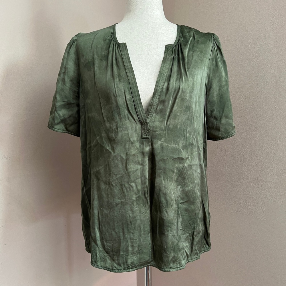 Raquel Allegra Olive Tie Dye Blouse Short Sleeve Handmade USA Quiet Luxury Sz 2